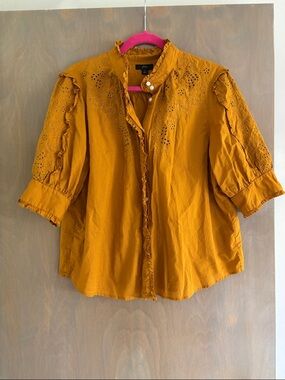 J. Crew Mustard Eyelet Ruffle-Trim Button-Front Blouse